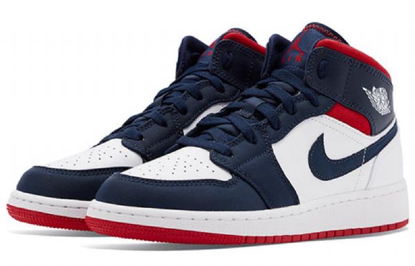 Nike Air Jordan 1 Mid Tops Gs Koripallokengät Miehille Laivastonvalkoinen Punainen