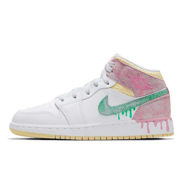 Nike Air Jordan 1 Mid Tops Gs Paint Drip Kengät Naisille Valkoinen Vaaleanpunainen