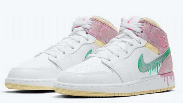 Nike Air Jordan 1 Mid Tops Gs Paint Drip Kengät Naisille Valkoinen Vaaleanpunainen