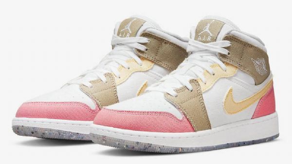Nike Air Jordan 1 Mid Tops Gs Tan Kengät Naisille Pinkki Ruskea Valkoinen