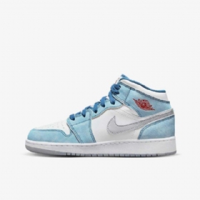Nike Air Jordan 1 Mid Tops Se Kengät Lapsille Sininen Valkoinen Vaaleanharmaa Punainen
